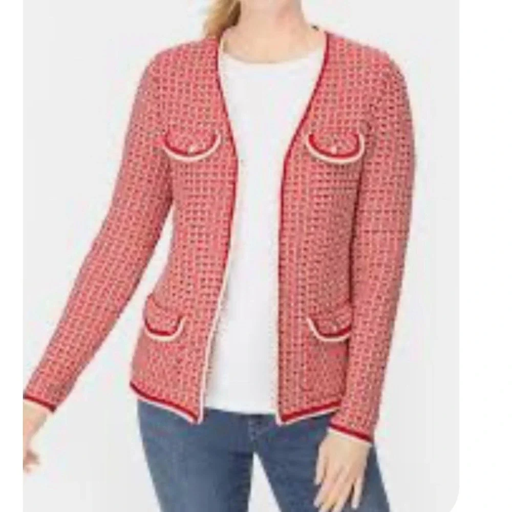 Talbots  Tipped Tweed‎ Knit Sweater Cardigan  Jacket Sz Large L Red Gold Button